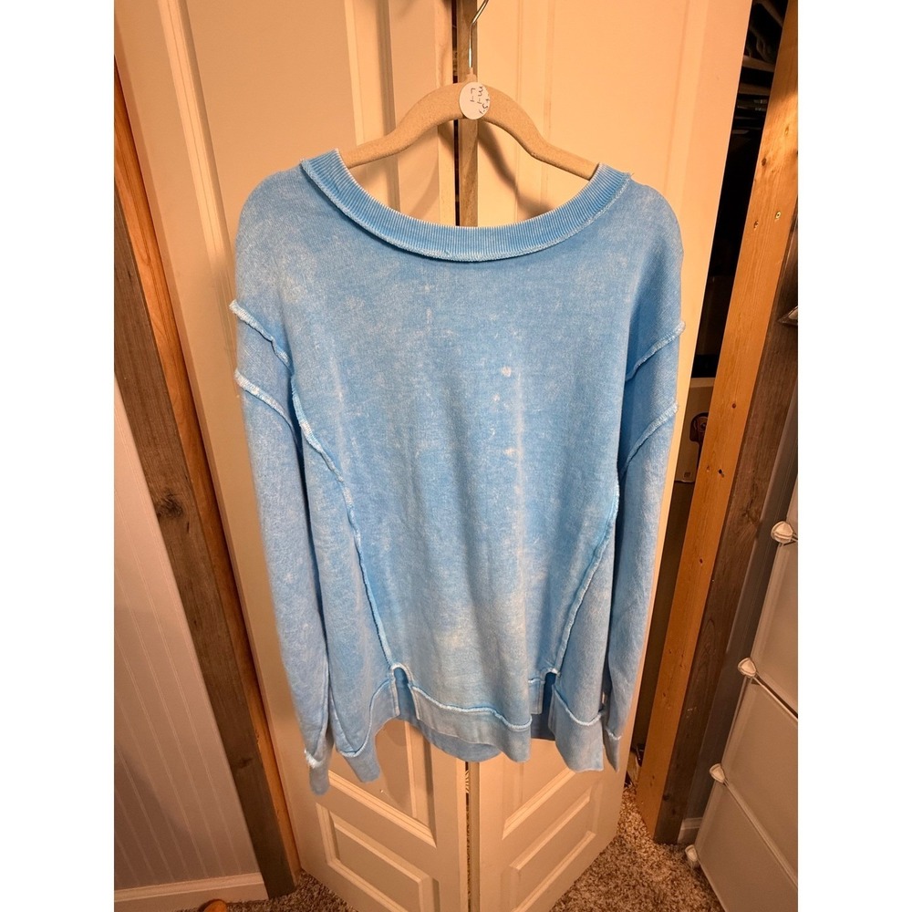 Zenana Women Blue Acid Wash Oversized Sweatshirt Exposed Seam Pullover S